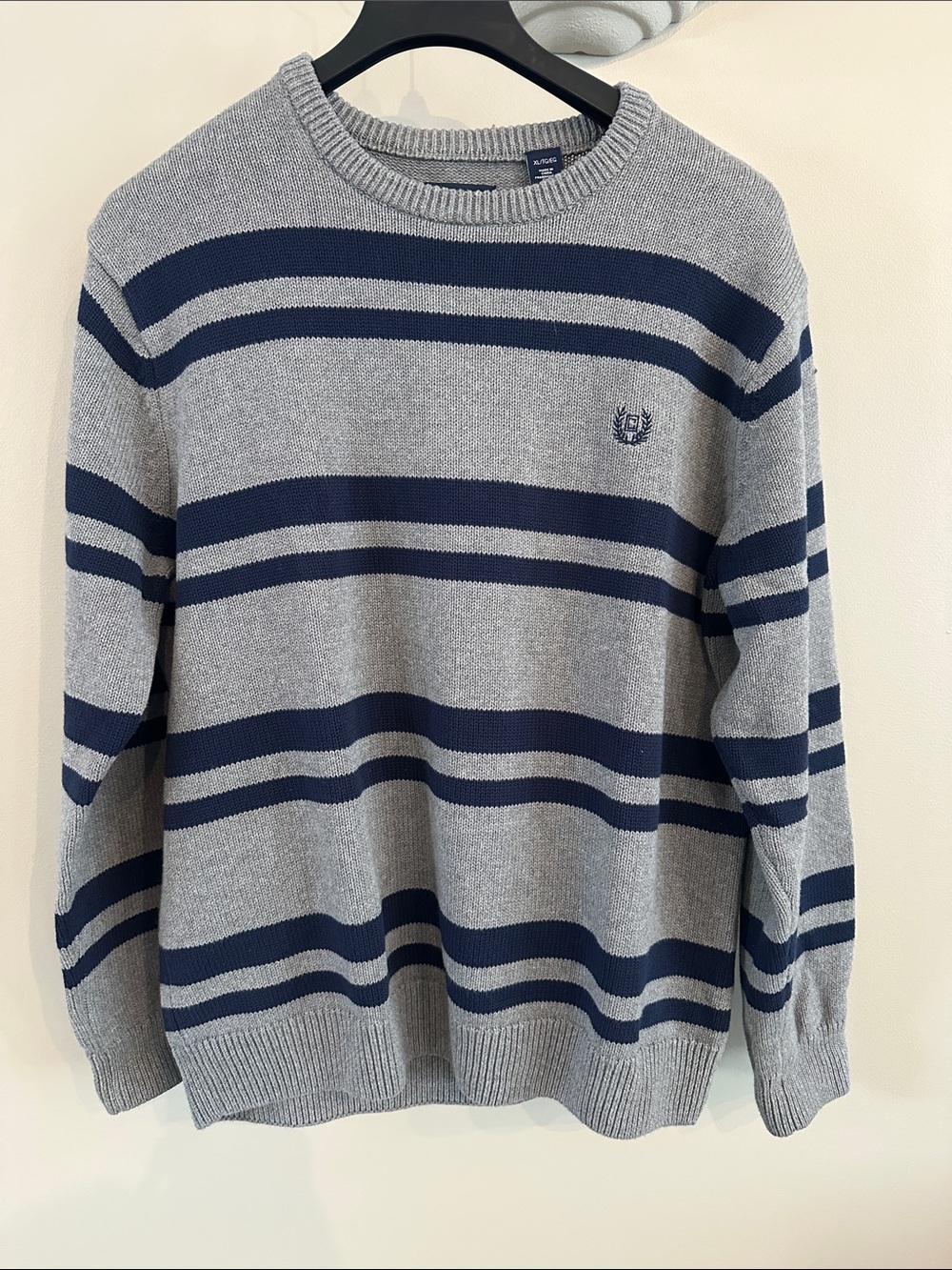 Chaps Men's Original Cotton Striped Crewneck Sweater Gray Navy Blue Crest XL